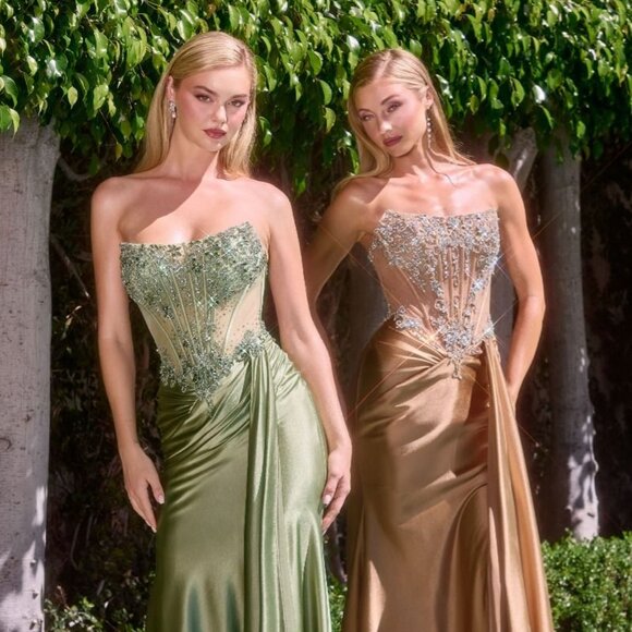 New Sage Beaded Graduation Long Satin Dress w/ Corset Bodice & Leg Slit CD C169 - Picture 3 of 9